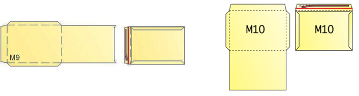 Open blank and finished courier envelopes with double-sided tape and tear tape applied